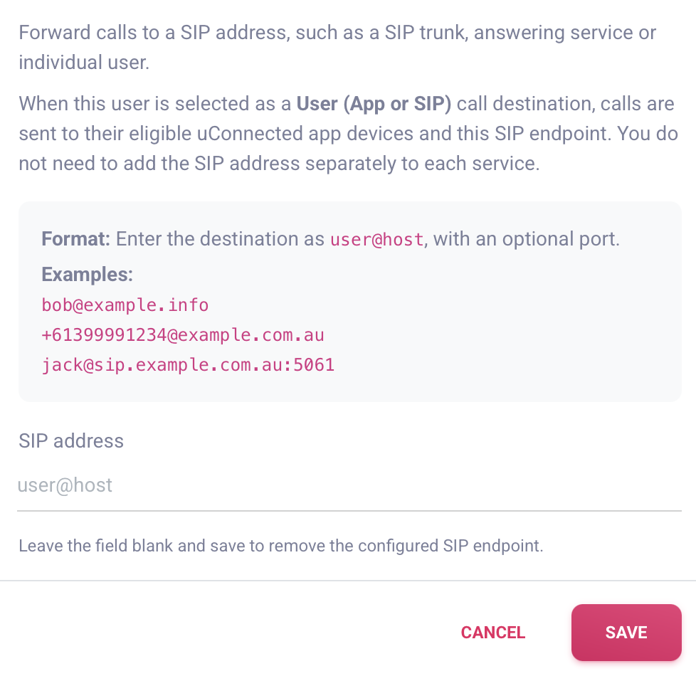 Manage SIP Endpoint window with the SIP address field and Save button